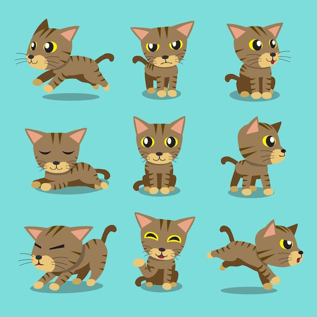 Vector personaje de dibujos animados gato atigrado marrón plantea