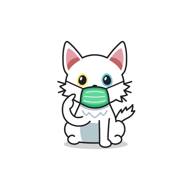 Personaje de dibujos animados gato blanco con máscara protectora para el diseño.