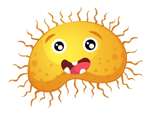Personaje de dibujos animados de gérmenes, virus, microbios o bacterias. Germen con cara divertida, Célula amarilla con dientes y ojos grandes, Patógeno