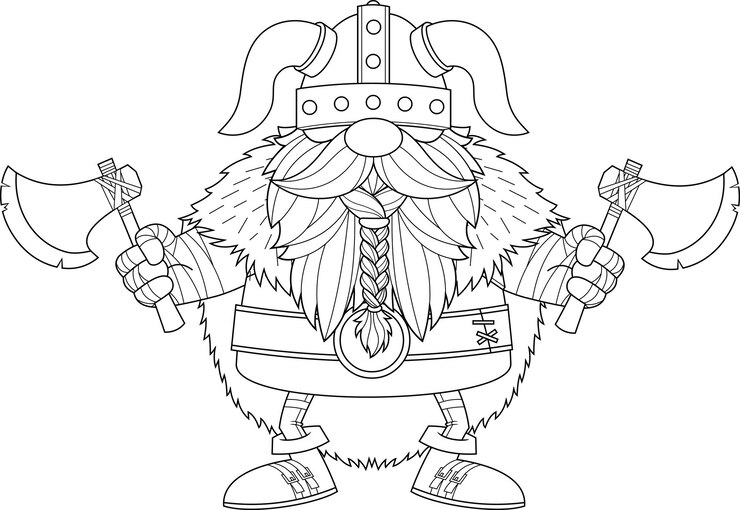 Vector el personaje de dibujos animados gnome viking contorneado tiene dos ejes. ilustración dibujada a mano vectorial