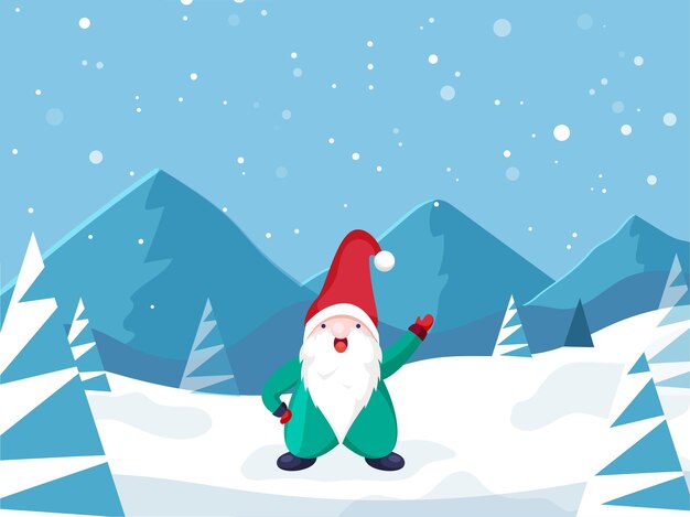 Personaje de dibujos animados gnomo sobre fondo de paisaje de invierno