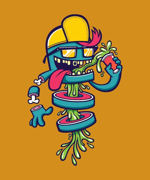 Vector un personaje de dibujos animados con gorra amarilla y gafas está comiendo un vaso de jugo.