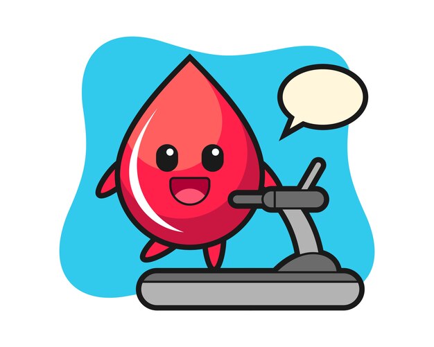 Vector personaje de dibujos animados de gota de sangre caminando en la cinta, estilo lindo, pegatina, elemento de logotipo