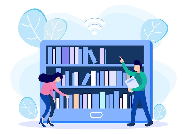 Personaje de dibujos animados gráfico de vector de ilustración de la biblioteca en línea
