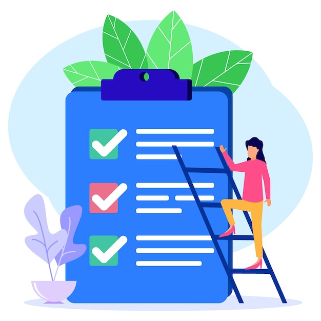 Personaje de dibujos animados gráfico de vector de ilustración de lista de verificación