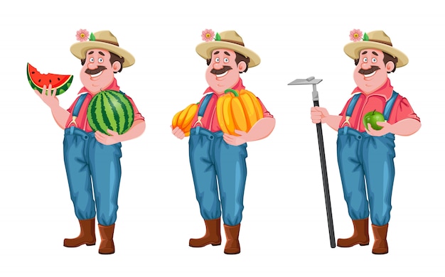 Personaje de dibujos animados de granjero, conjunto de tres poses