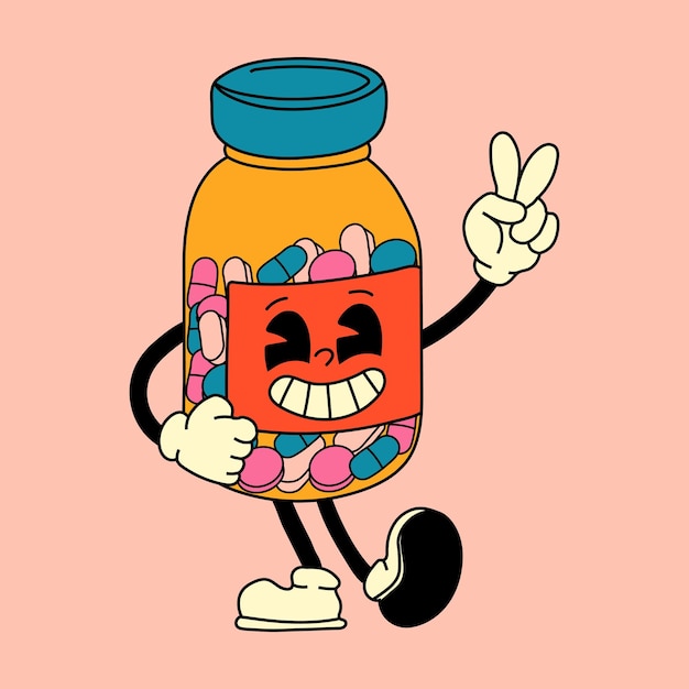 El personaje de dibujos animados Groovy Retro Pill Jar