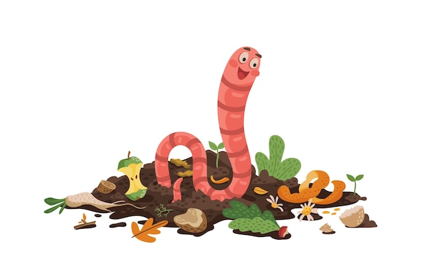 Personaje de dibujos animados de gusano de tierra que come compost o desechos orgánicos biológicos para el vector de vermicomposting póster de gusano feliz gracioso en el suelo de compost con basura orgánica compostable y restos de alimentos