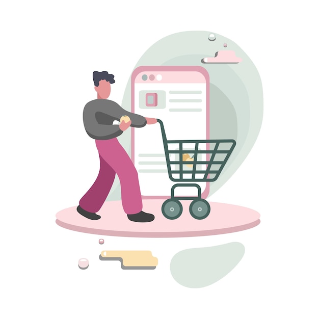 Personaje de dibujos animados haciendo compras en línea y fuera de línea joven yendo a la tienda con carrito pedido de comida comercio electrónico entorno digital vector ilustración plana