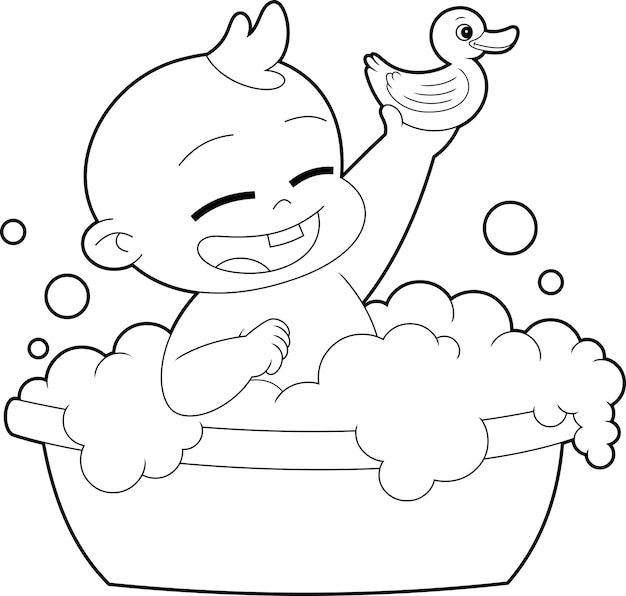 El personaje de dibujos animados de happy baby boy se baña en un lavabo. ilustración dibujada a mano vectorial