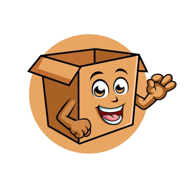 Personaje de dibujos animados de Happy Cardboard Box que muestra la ilustración vectorial de la mascota del signo ok