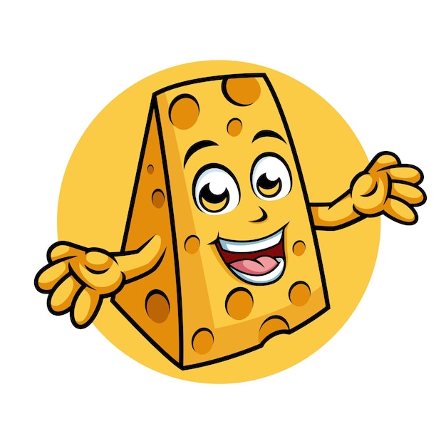 El personaje de dibujos animados de Happy Cheese tiene una postura sorprendente. Ilustración vectorial de la mascota.