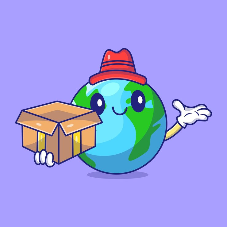 Personaje de dibujos animados de Happy Earth Globe entregando un paquete en sombrero