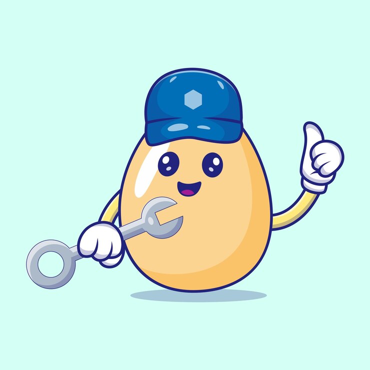 El personaje de dibujos animados Happy Egg Mechanic sosteniendo la llave inglesa levantando el pulgar