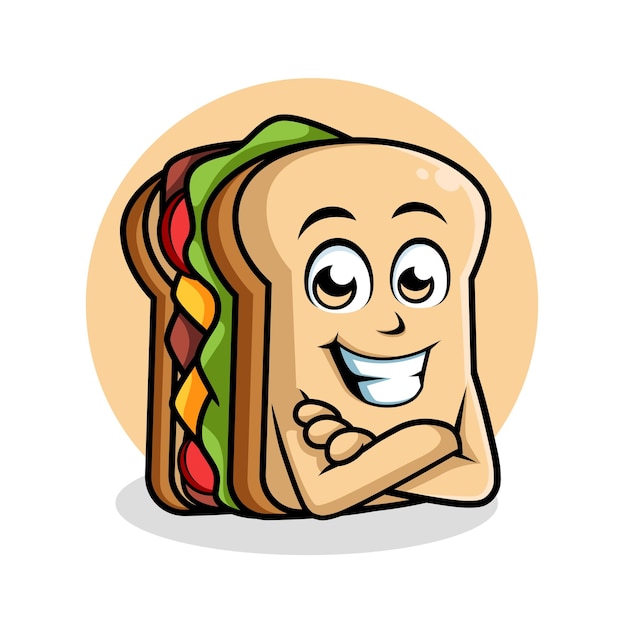 Vector el personaje de dibujos animados de happy sandwich cruza el brazo de la mascota. ilustración vectorial