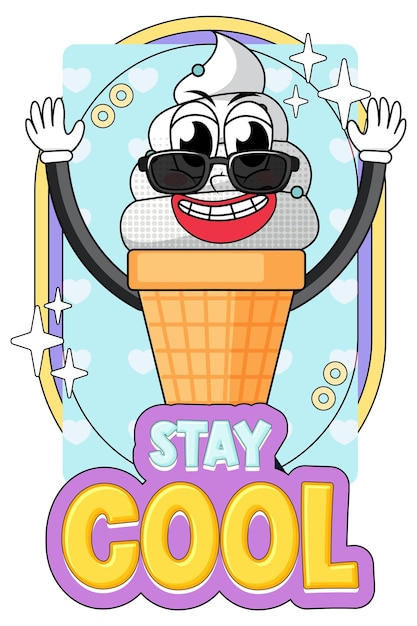 Vector personaje de dibujos animados de helado con insignia de mantenerse fresco