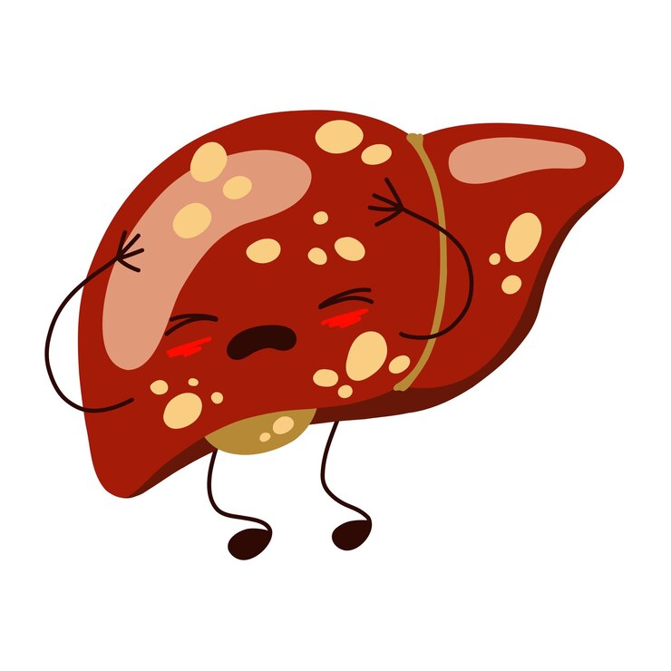 Vector personaje de dibujos animados de hígado enfermedad de manchas de erupción poco saludable enfermedad del hígado hepatosis grasa stock