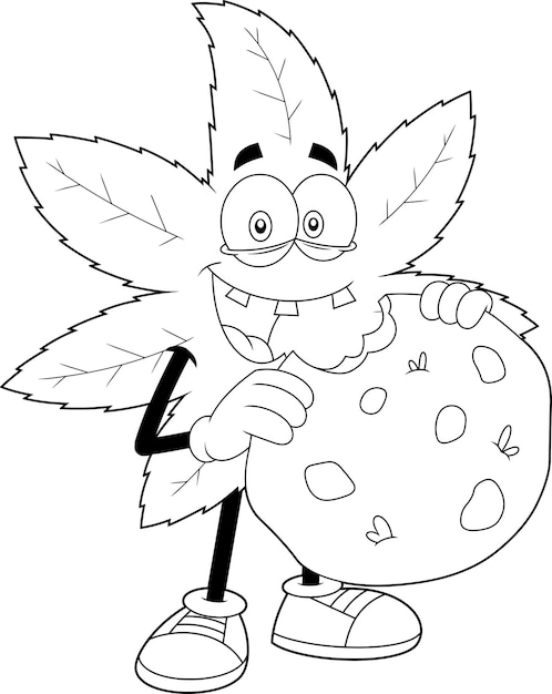 Vector el personaje de dibujos animados de la hoja de marihuana feliz come galletas de cannabis