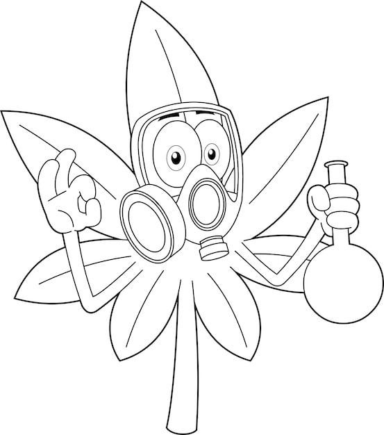 Personaje de dibujos animados con hoja de marihuana con máscara de gas sosteniendo una botella de vidrio médico con cannabis