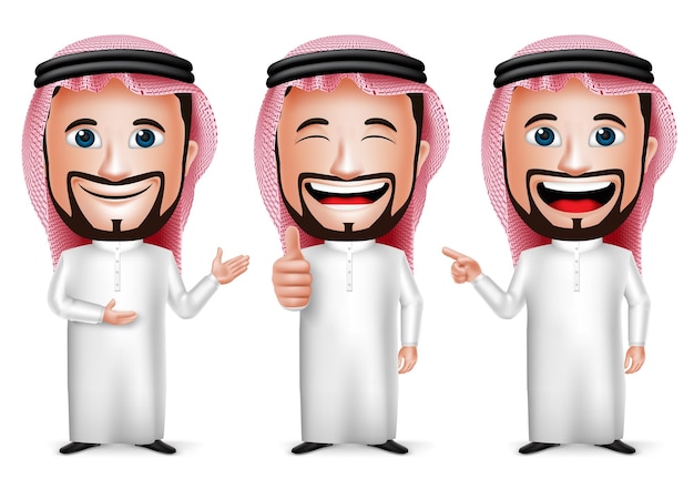 Personaje de dibujos animados de hombre árabe saudita realista en 3D con diferentes poses y gestos con las manos