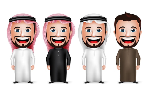 Personaje de dibujos animados de hombre árabe saudita realista en 3D con diferentes vestidos tradicionales Thobe y Gutra