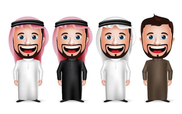 Personaje de dibujos animados de hombre árabe saudita realista en 3d con diferentes vestidos tradicionales thobe y gutra