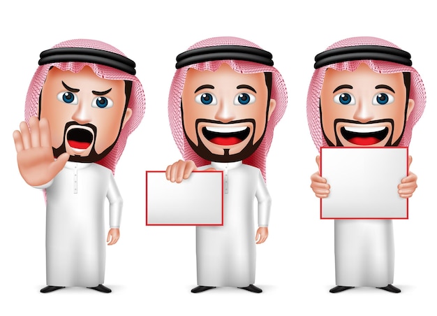 Personaje de dibujos animados de hombre árabe saudita realista en 3D con pizarra en blanco con Thobe
