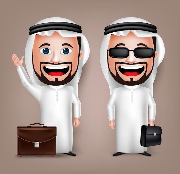 Personaje de dibujos animados de hombre árabe saudita realista en 3D con pose diferente sosteniendo maletín usando Thobe