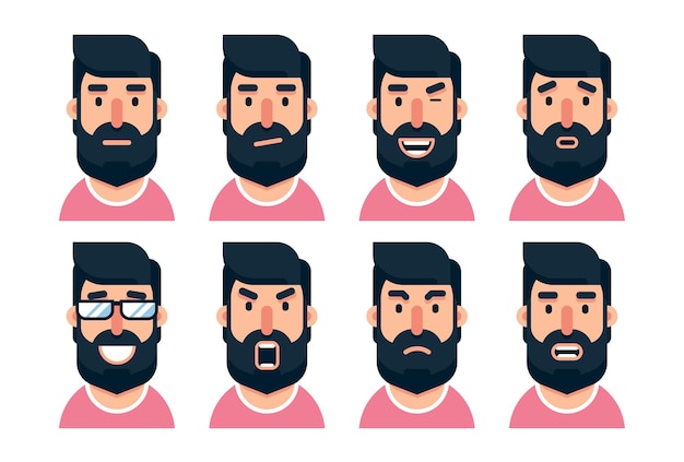 Personaje de dibujos animados hombre barbudo con varias expresiones faciales