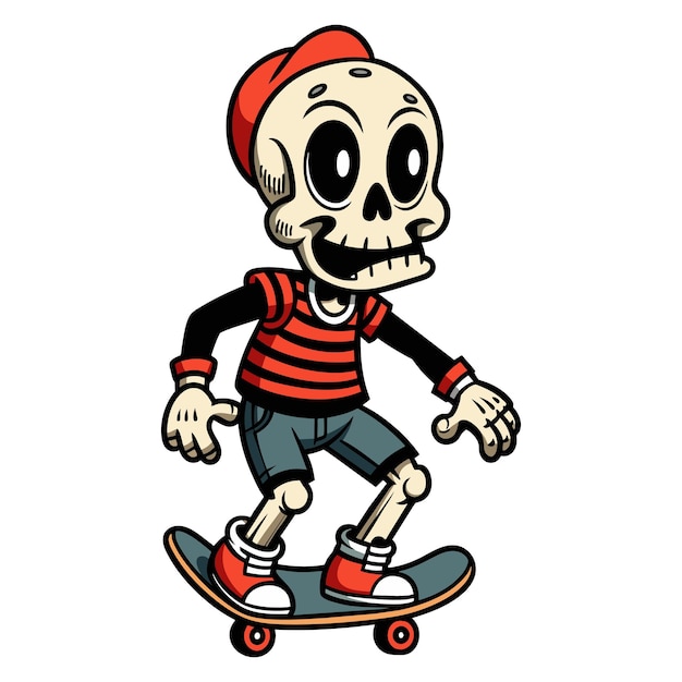 Personaje de dibujos animados del hombre del cráneo con patineta