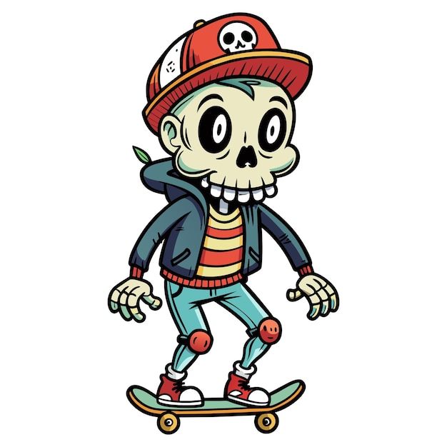 Personaje de dibujos animados del hombre del cráneo con patineta