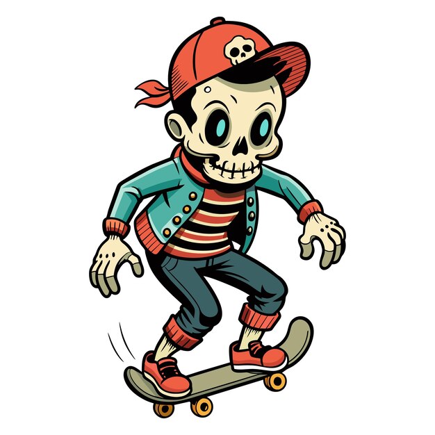 Vector personaje de dibujos animados del hombre del cráneo con patineta