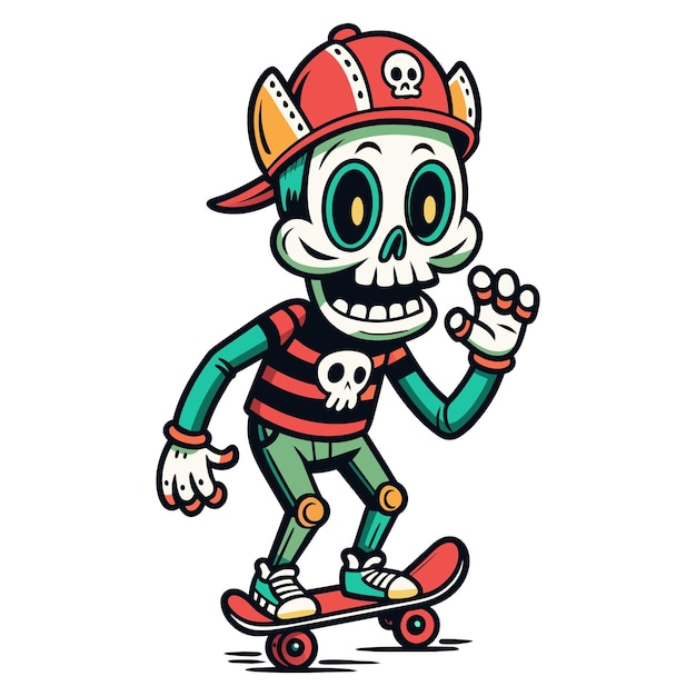 Personaje de dibujos animados del hombre del cráneo con patineta