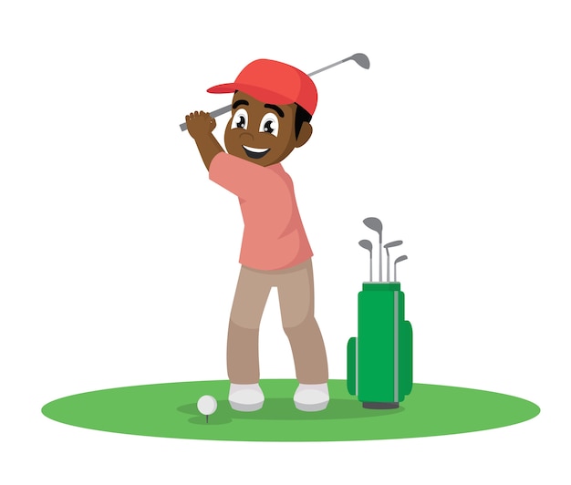 Vector personaje de dibujos animados, hombre feliz africano que juega a golf., vector eps10