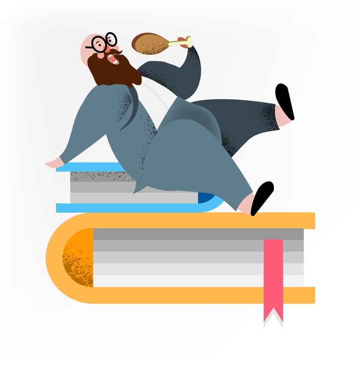 Vector personaje de dibujos animados hombre gordo comiendo pollos en el tiempo de trabajo.