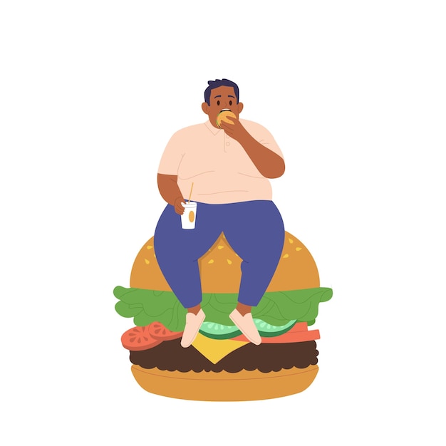 Vector personaje de dibujos animados de hombre gordo sentado en una enorme hamburguesa comiendo comida rápida poco saludable bebiendo refrescos aislados en fondo blanco compulsivo problema de comer glotonería enfermedad vector ilustración