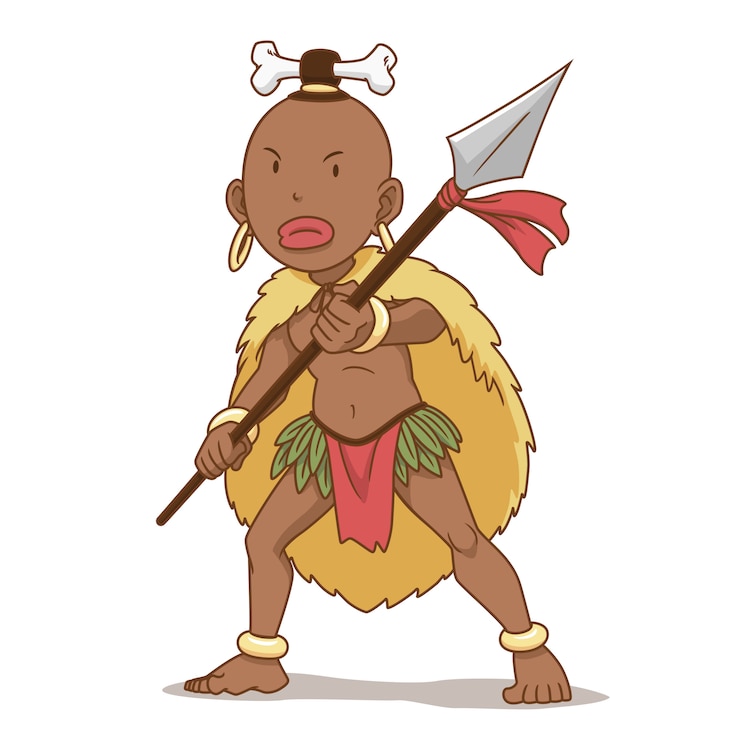 Vector personaje de dibujos animados del hombre indígena de áfrica con lanza.