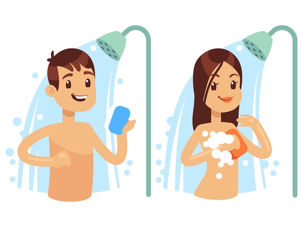 Vector personaje de dibujos animados hombre y mujer tomando una ducha