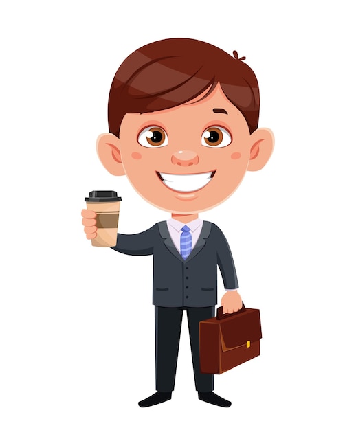 Personaje de dibujos animados de hombre de negocios guapo Hombre de negocios divertido sosteniendo una taza de café