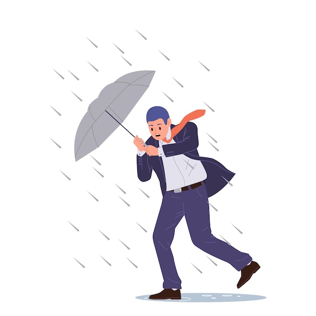 Personaje de dibujos animados de hombre de negocios con paraguas luchando contra la lluvia. Ilustración vectorial