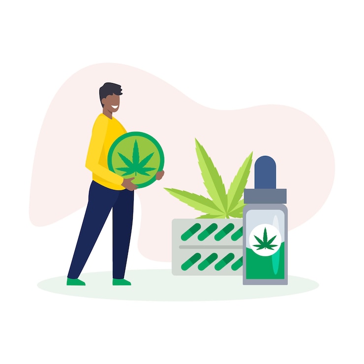 Vector personaje de dibujos animados de un hombre negro sonriente con cannabis medicinal