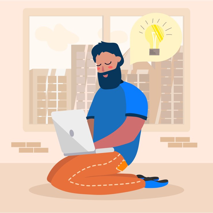 Vector personaje de dibujos animados hombre tener idea funciona en la computadora portátil