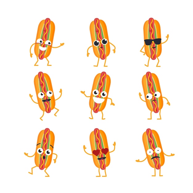 Personaje de dibujos animados de Hot Dog - conjunto de plantillas vectoriales modernas de ilustraciones de mascotas. Regala imágenes de perritos calientes, bailando, sonriendo, pasando un buen rato. Emoticones, emociones: felicidad, amor, frialdad, sorpresa,