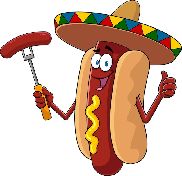 Vector personaje de dibujos animados de hot dog mexicano sosteniendo una salchicha en un tenedor