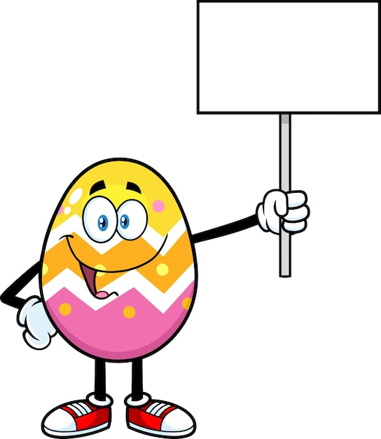 Personaje de dibujos animados de huevo de pascua con un cartel en blanco. ilustración vectorial