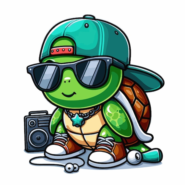 Personaje de dibujos animados de una ilustración vectorial de tortuga hip hop