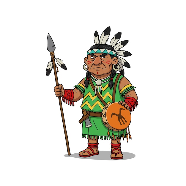 Personaje de dibujos animados indio nativo americano con lanza y tambor