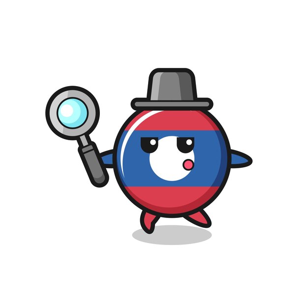 Personaje de dibujos animados de la insignia de la bandera de Laos buscando con una lupa, diseño lindo