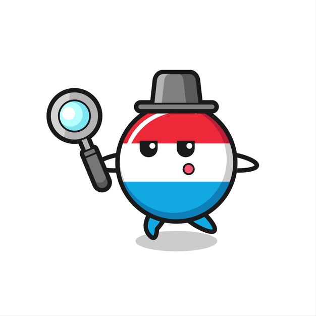 Personaje de dibujos animados de la insignia de la bandera de Luxemburgo que busca con una lupa, diseño de estilo lindo para camiseta, pegatina, elemento de logotipo