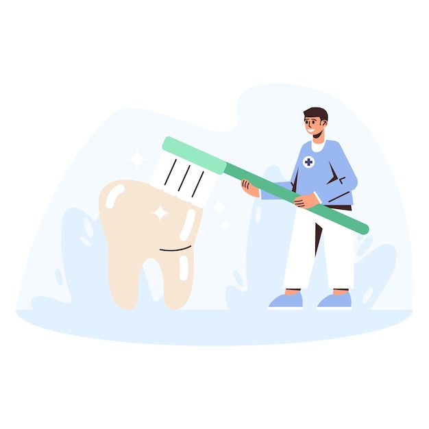 Personaje de dibujos animados de un joven dentista masculino con cepillo de dientes